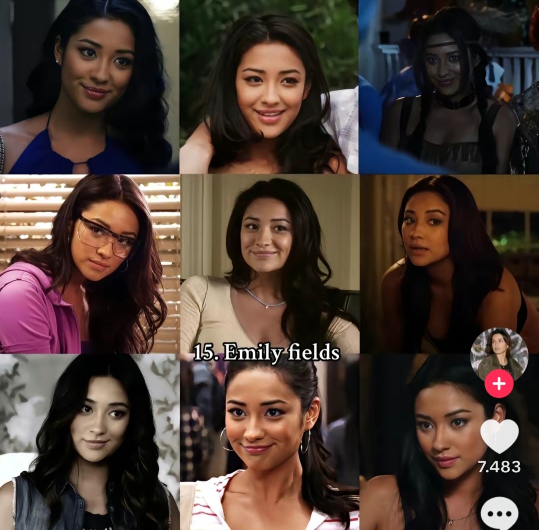 Nine-photo collage of Emily Fields from Pretty Little Liars in different close-up scenes