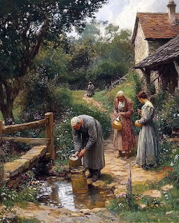 Painting of women drawing water from well by cottage in rural countryside setting with trees and garden