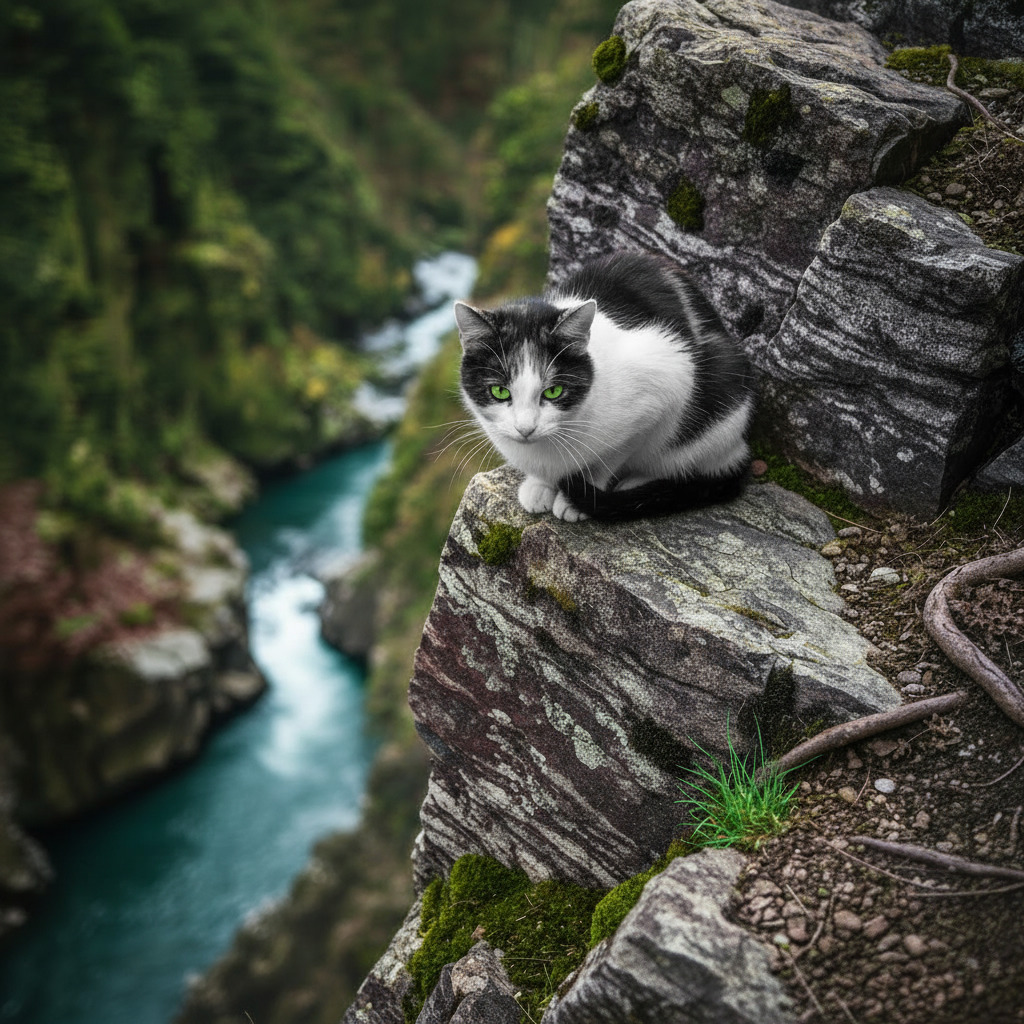 Black and white cat sitting on rocky cliff edge above mountain river