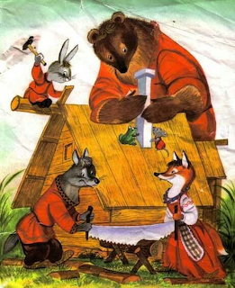 Colorful illustration of forest animals building a wooden house together in a fairy tale style