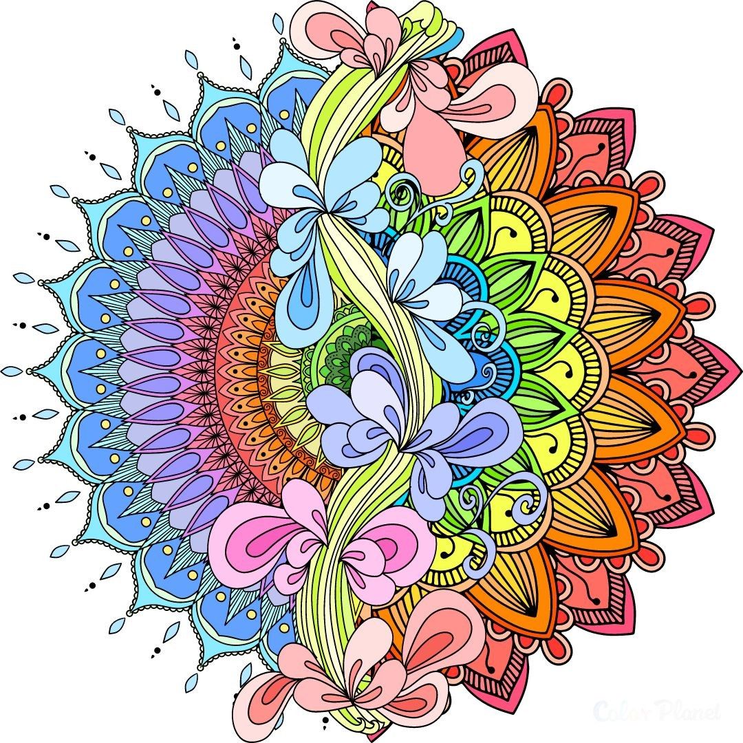 Colorful mandala with floral and paisley patterns in rainbow gradient from blue to red with symmetrical design