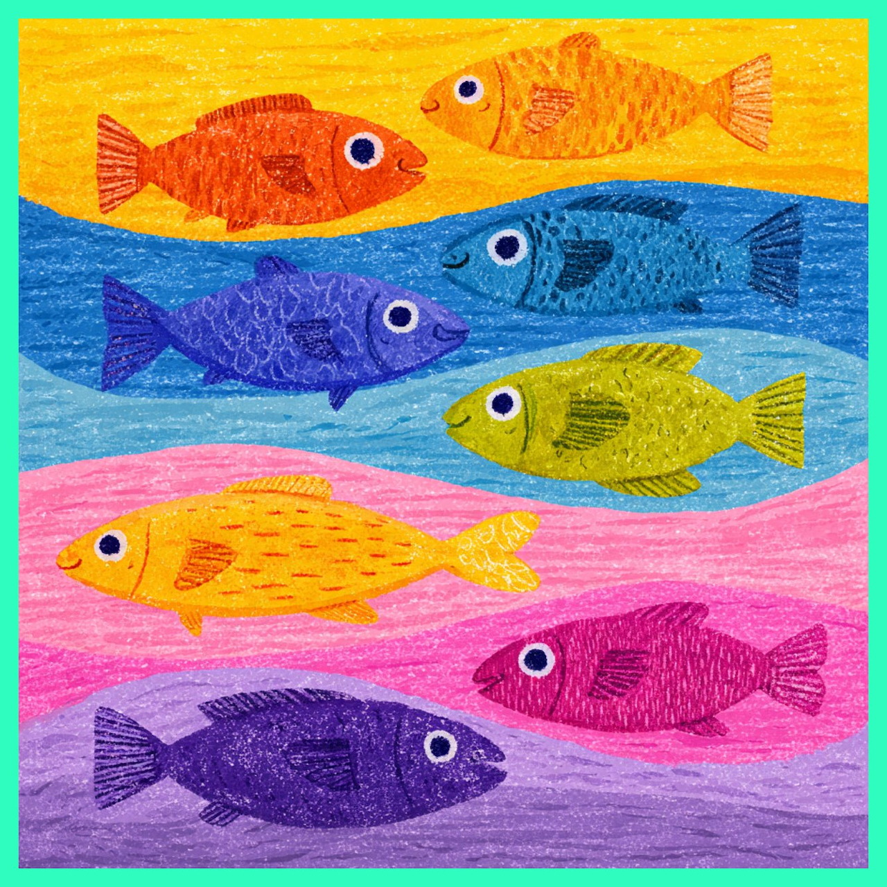 Eight colorful fish with textured scales arranged in horizontal rows across rainbow wavy bands