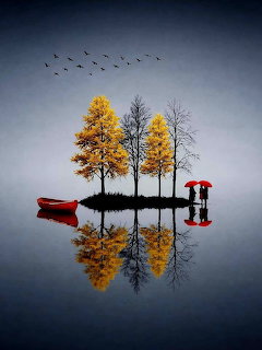 Small island with autumn trees, red boat, couple under red umbrella, and reflections in still water