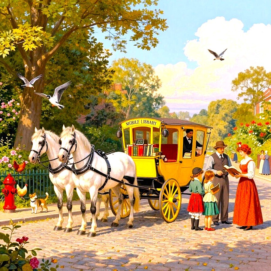 White horses pulling yellow carriage with people in Victorian-era clothing on tree-lined cobblestone path