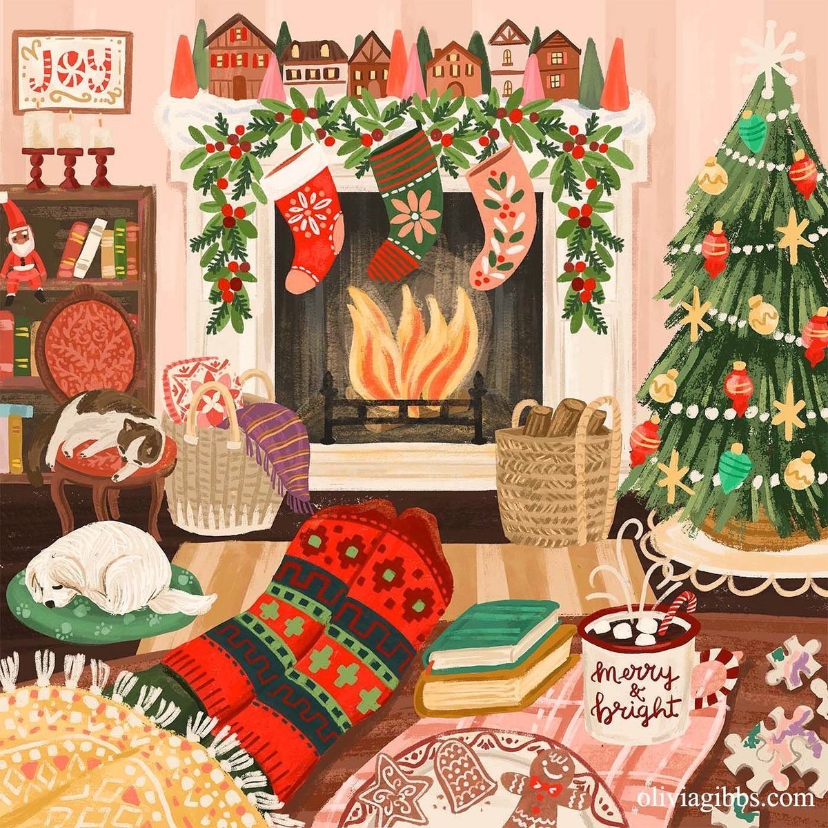 Illustration of a cozy Christmas living room with fireplace, tree, stockings, books, and sleeping pets