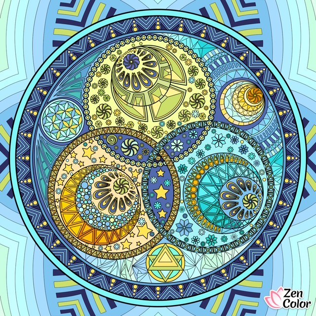Circular yin yang mandala with sun and moon symbols, intricate geometric patterns in blue and gold tones