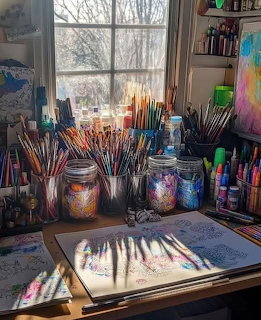 Sunlit artist desk with multiple jars of paintbrushes, markers, and open sketchbooks near a window