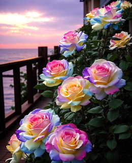 Multicolored rainbow roses on a seaside balcony with ocean sunset in the background