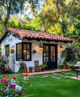 Small white cottage with red tile roof in green garden with flowers and trees