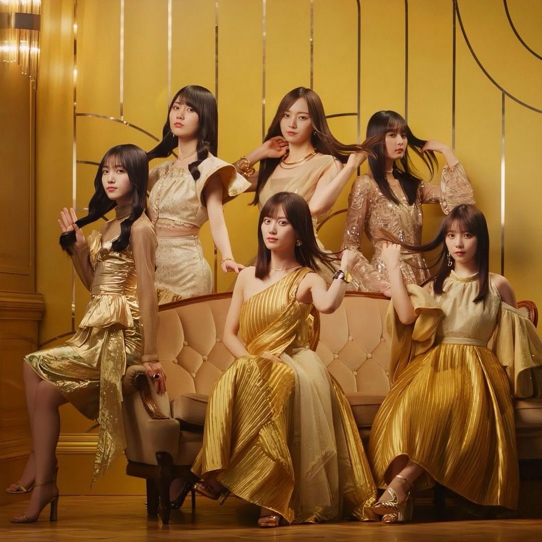 Six women wearing gold dresses pose together in a golden indoor setting