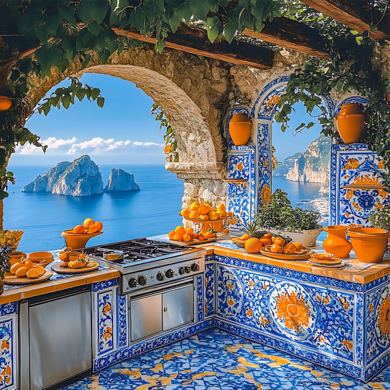 Colorful tiled Mediterranean kitchen overlooking blue ocean with islands and oranges on counter