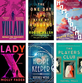 Six colorful fiction book covers arranged in a 2-by-3 collage