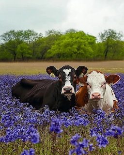 Two cows lying in a field of purple flowers with trees behind them