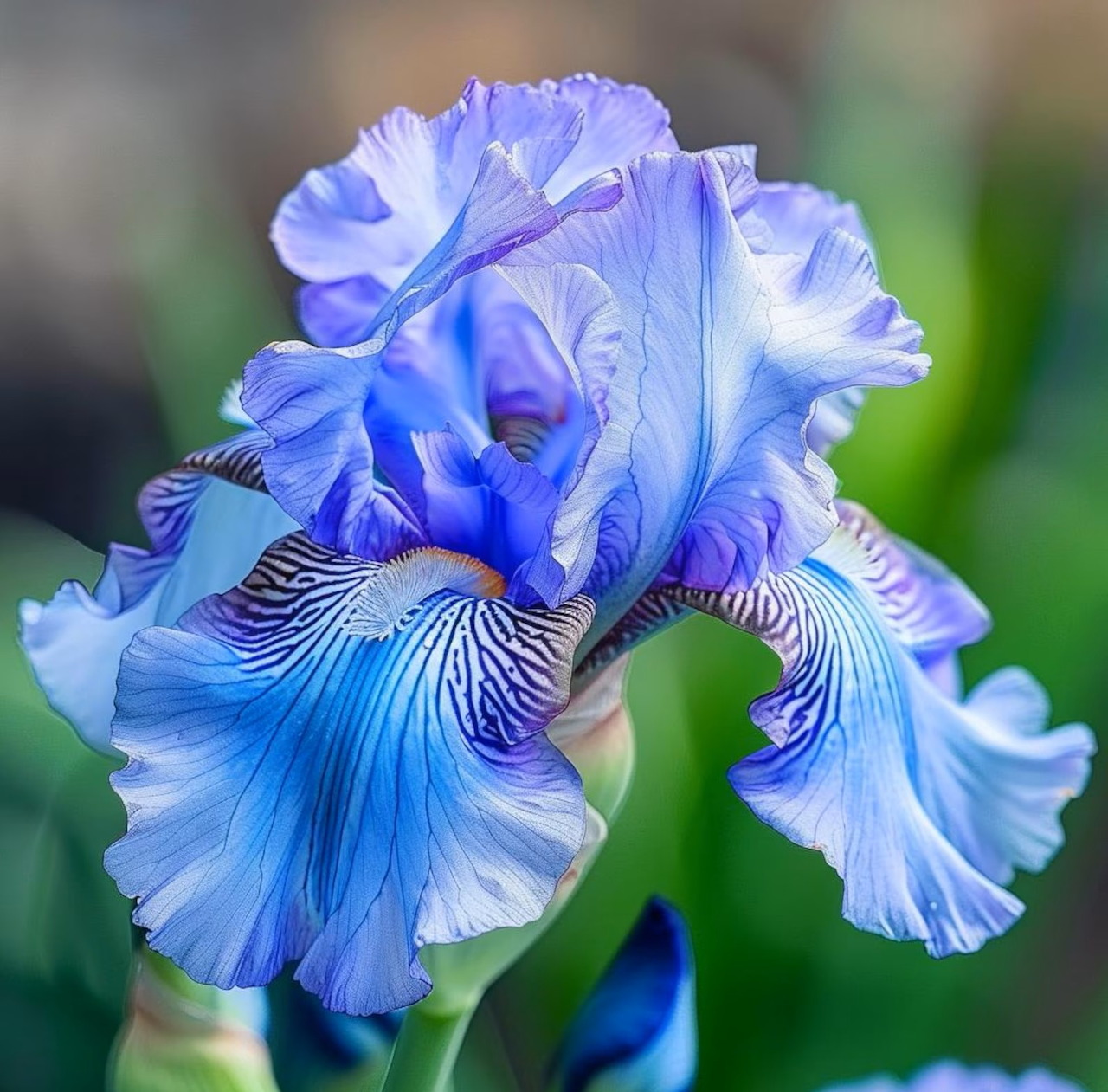 Blue iris flower with ruffled petals and purple striped details in close-up view