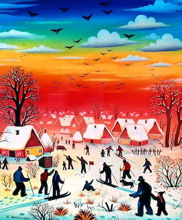 Winter village with skaters under rainbow gradient sunset sky, snow-covered houses and bare trees