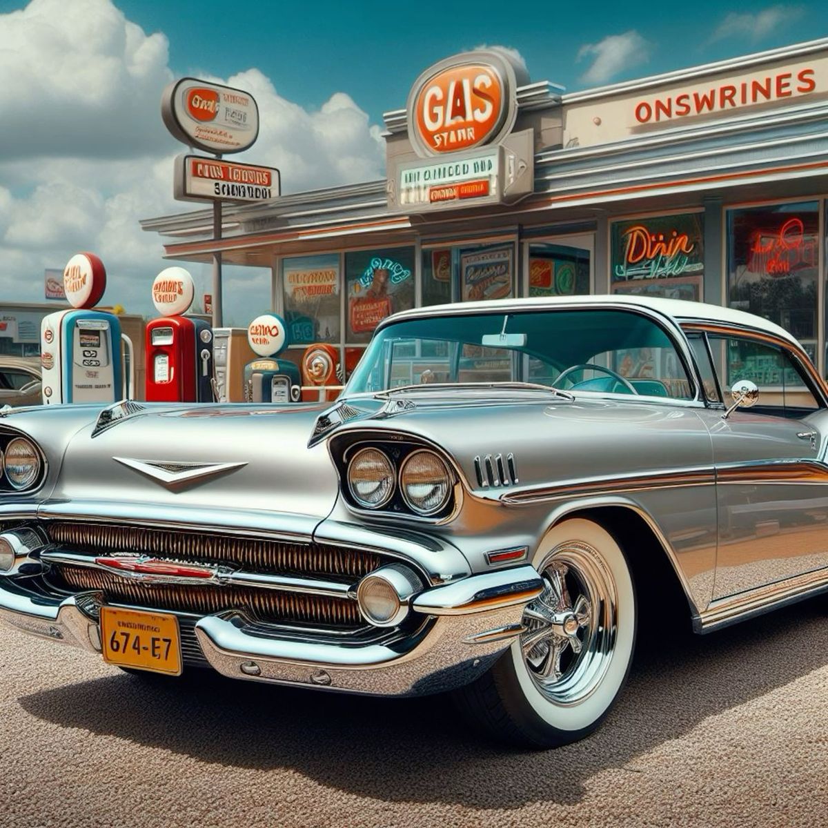 Vintage Car at Gas Station