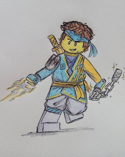 Colored pencil drawing of LEGO Ninjago character Jay in blue and gold ninja outfit with lightning weapons