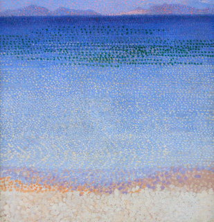 Pointillist painting of blue Mediterranean sea with sandy beach and distant islands