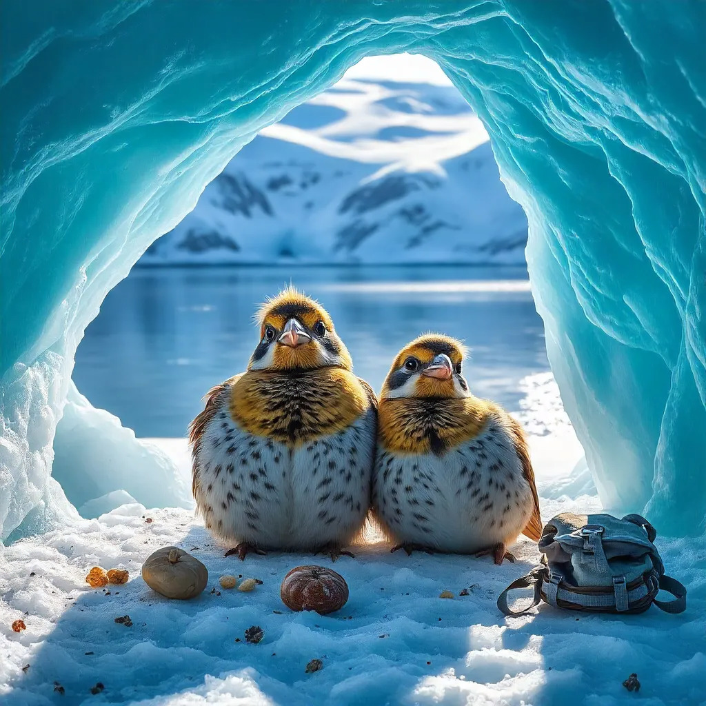 Two small birds resting in a glacial ice cave with mountains in background