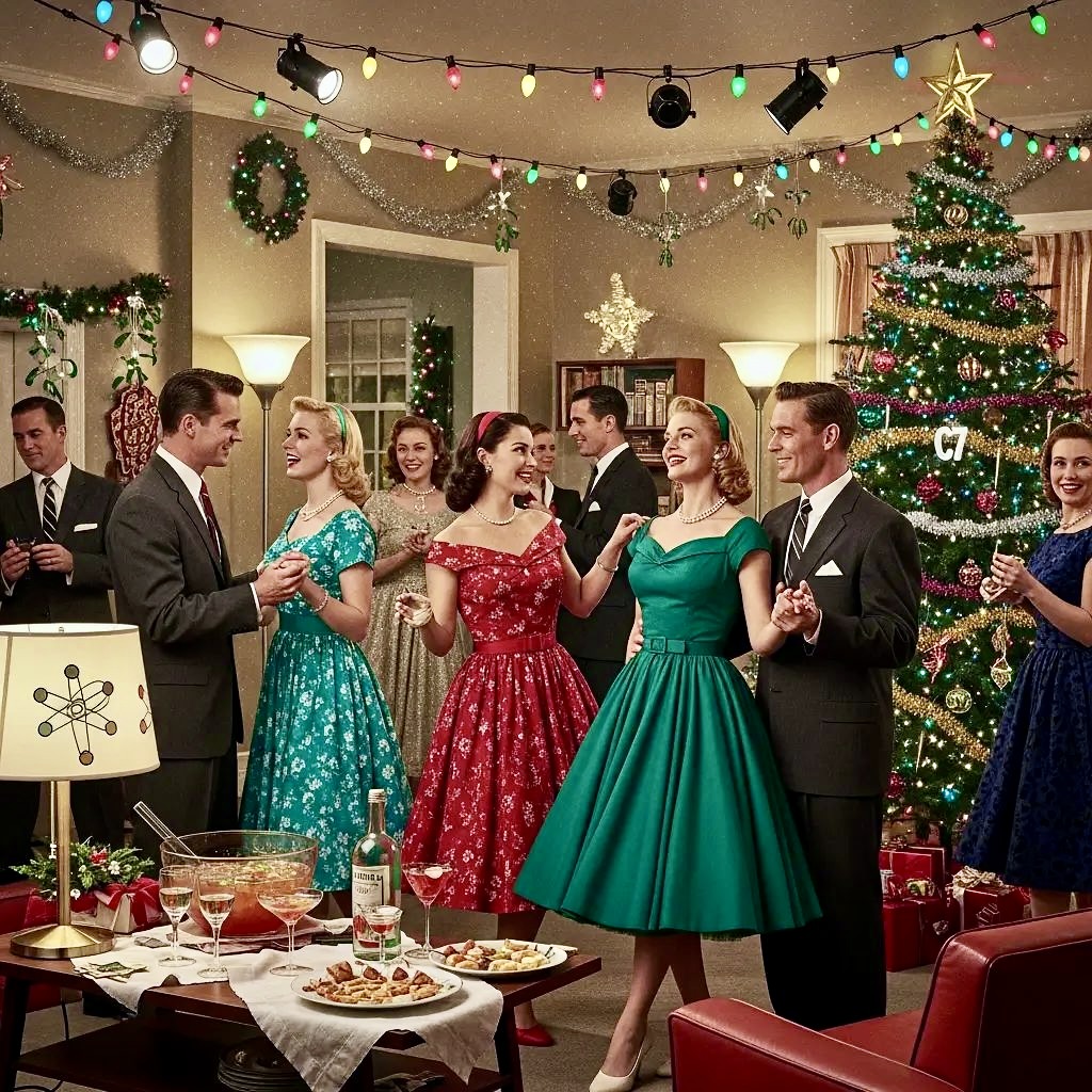 Retro-style Christmas party with couples dancing in a decorated living room beside a Christmas tree