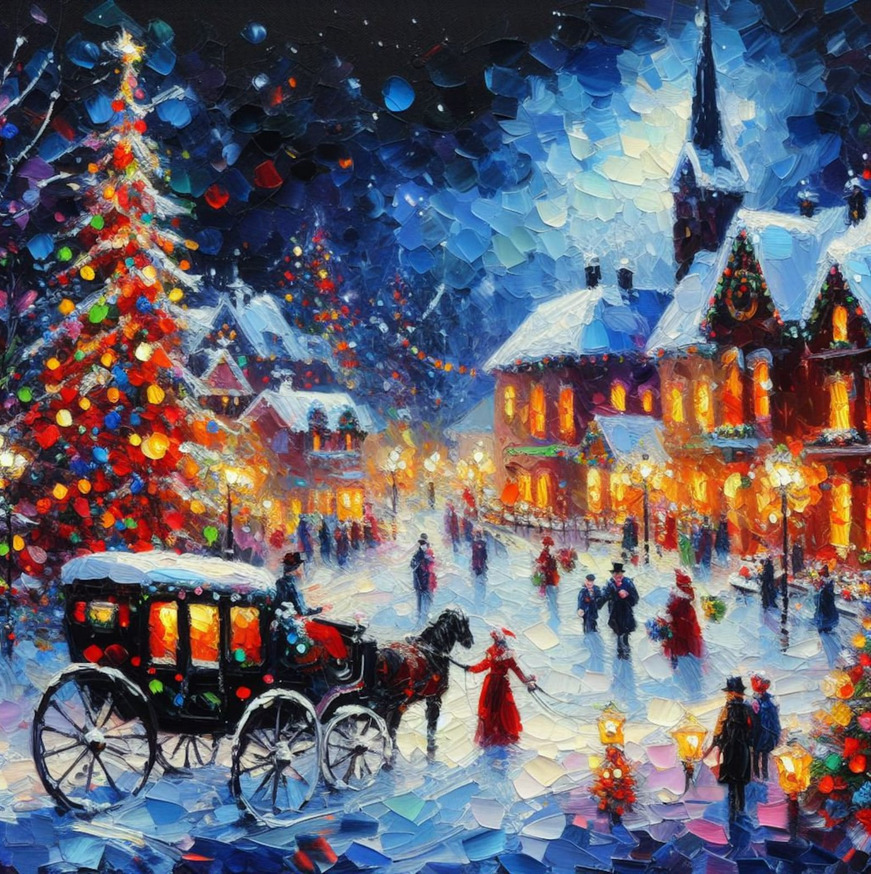 Snowy Christmas village painting with a lit tree, horse carriage, and church at night