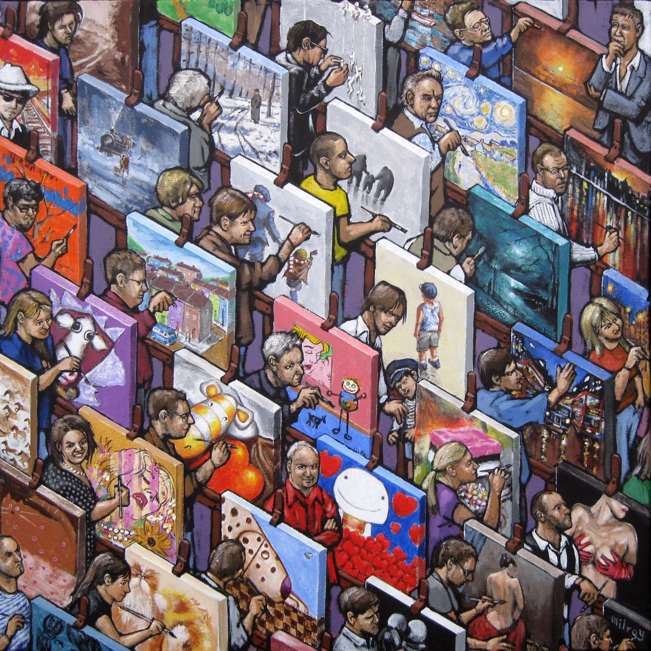 Isometric illustration of art students working at easels in a colorful classroom studio with various paintings