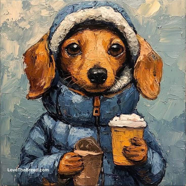 Painted dachshund in blue winter coat and hat holding coffee cup
