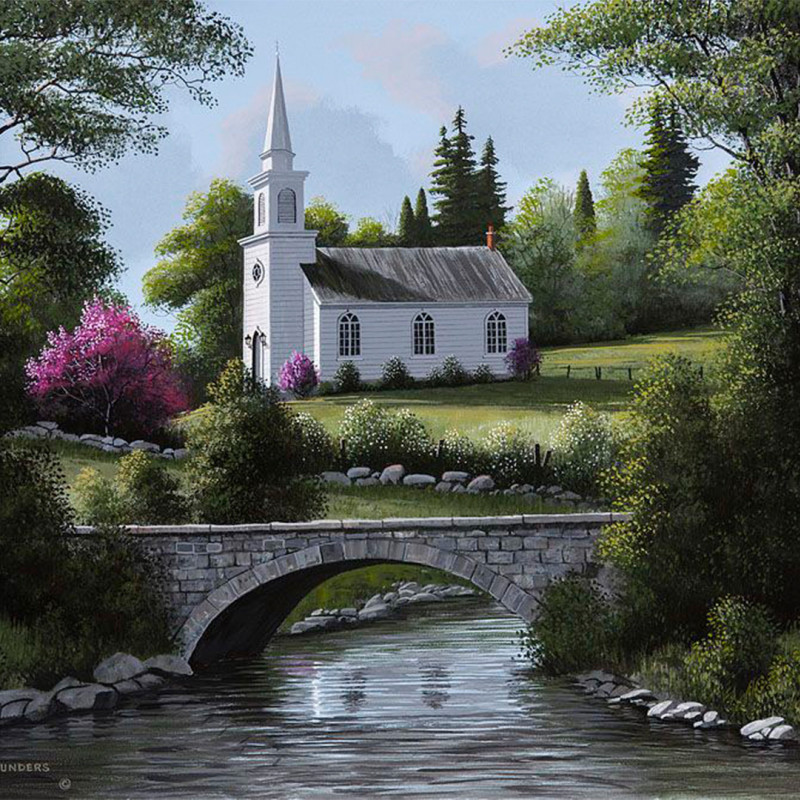 Painting of a white hilltop church above a stone bridge and stream with trees and pink blossoms