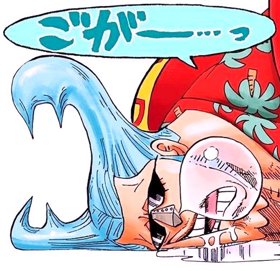 ONE PIECE anime character with red hair and straw hat in dynamic pose with water splash and Japanese text