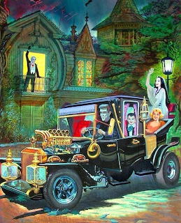 Cartoon monsters in black hot rod outside haunted Victorian house with green and purple sky