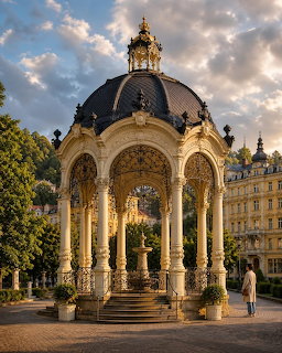 Baroque colonnade with black and gold dome in a sunlit plaza with historic architecture