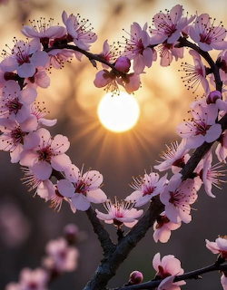 Heart-shaped arrangement of pink apple blossoms framing a golden sunset glow