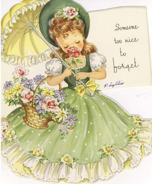 Vintage illustration of a girl in green dress holding flowers and a parasol with a sentimental greeting card message
