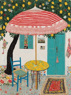 Colorful painting of a striped patio umbrella, blue chair, small table, and turquoise door beneath a fruit tree.