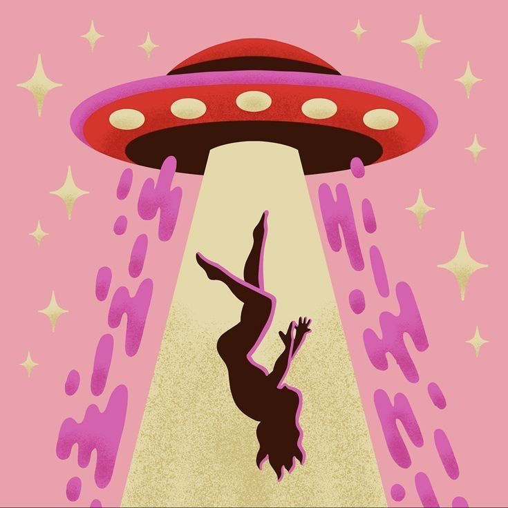 Cartoon UFO abducting a silhouetted woman with a bright beam on a pink background
