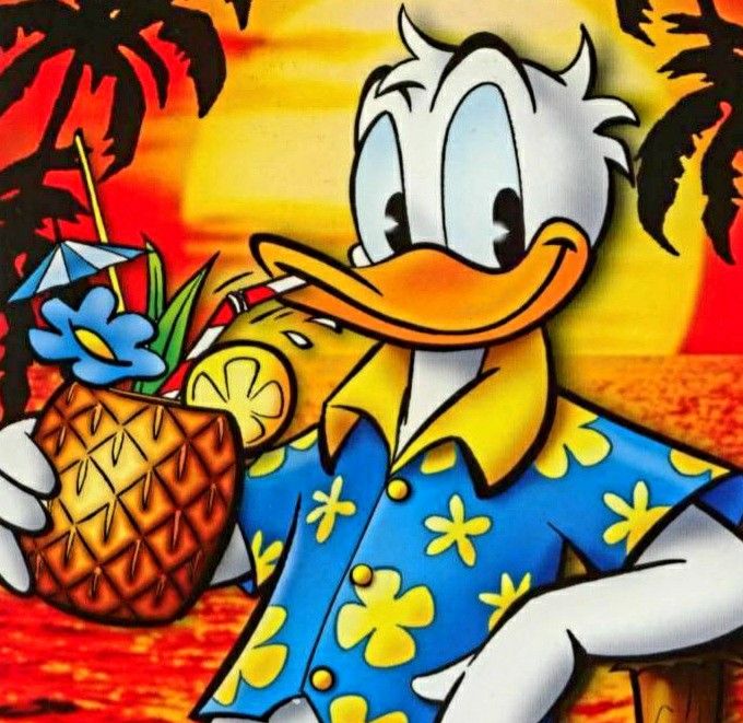 Donald Duck wearing a floral shirt, holding a pineapple cocktail with tropical sunset background