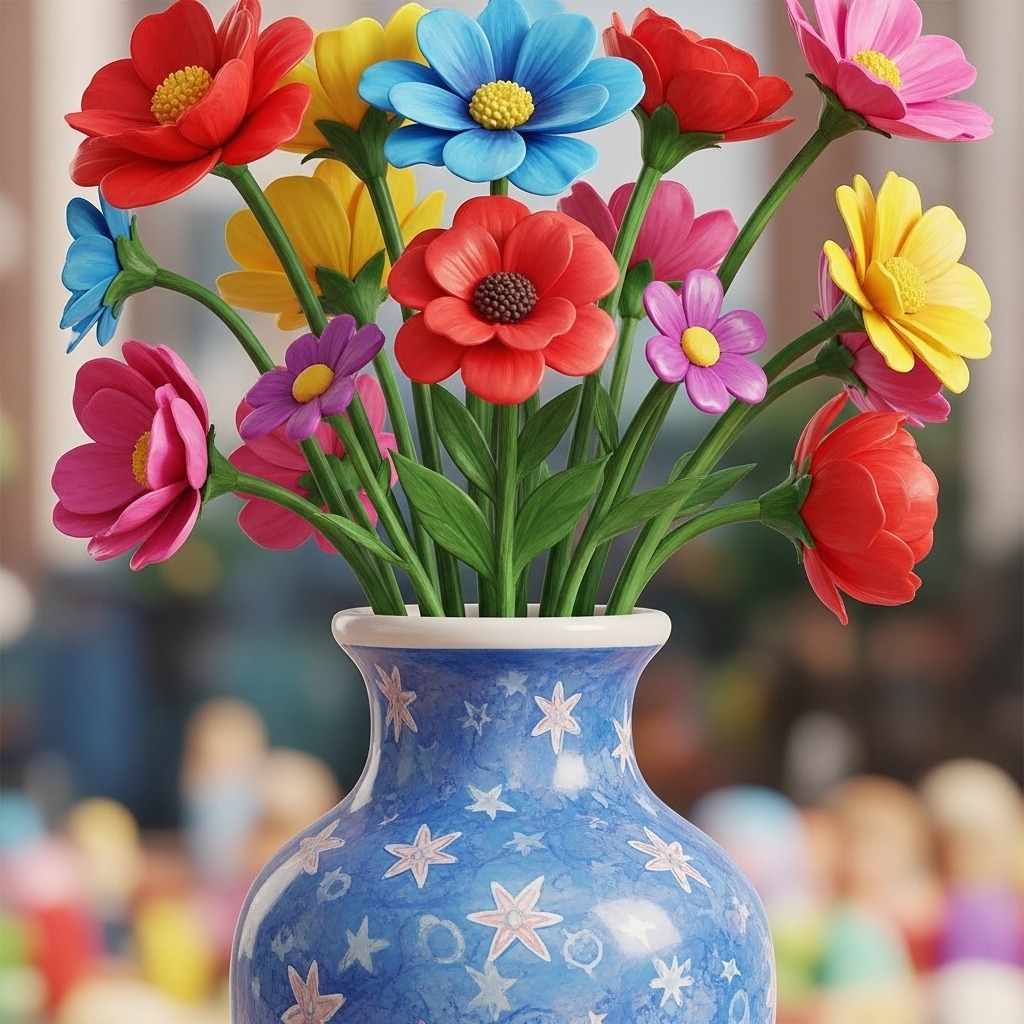 Bright mixed flower bouquet in decorative blue vase with white flowers