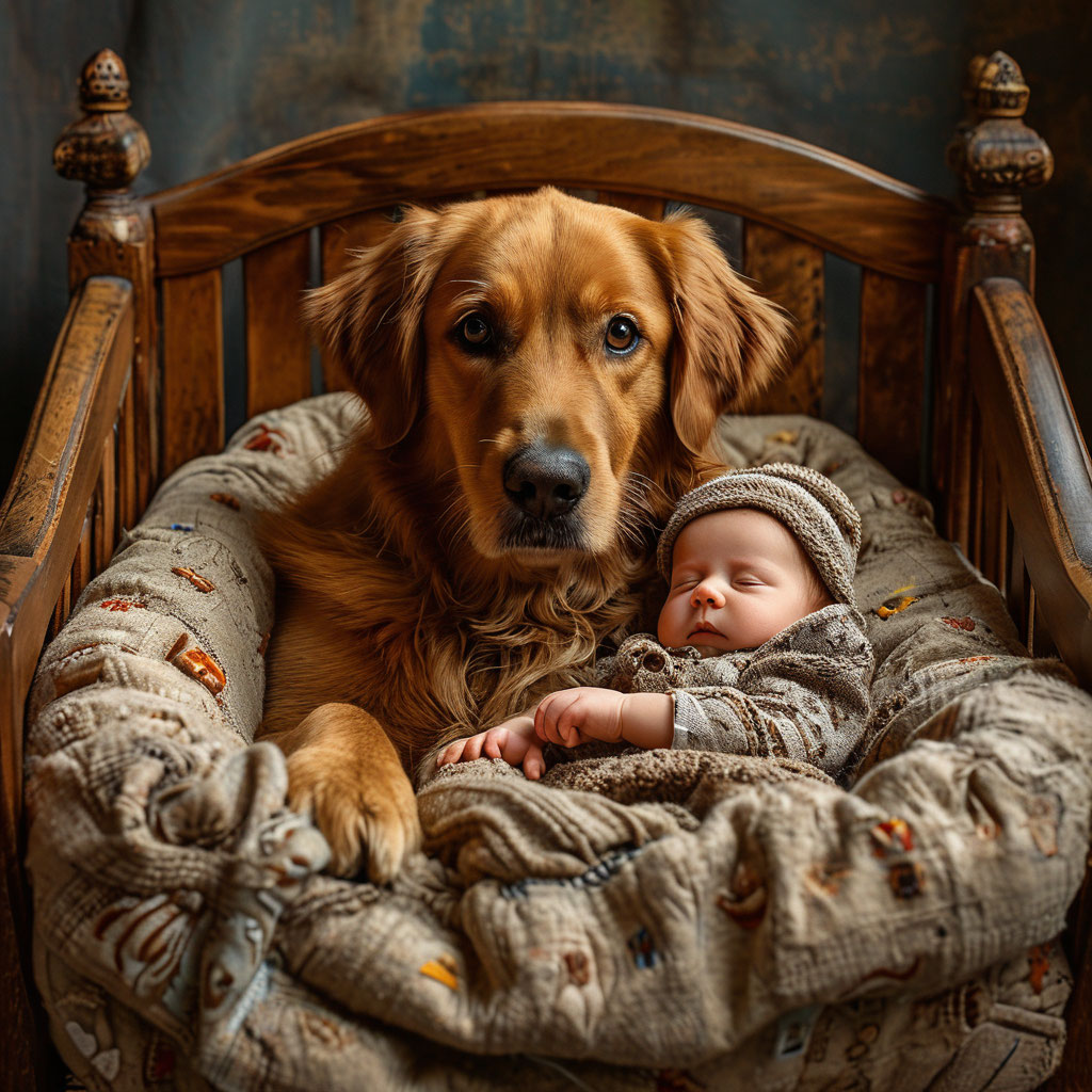 Golden retriever lying beside a sleeping baby in a cushioned wooden bed indoors