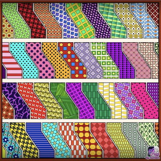 Colorful patchwork quilt with geometric patterns in vibrant squares arranged in horizontal rows