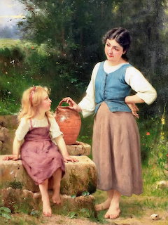 Painting of a standing young woman with a clay jug next to a seated blonde girl on stone steps outdoors