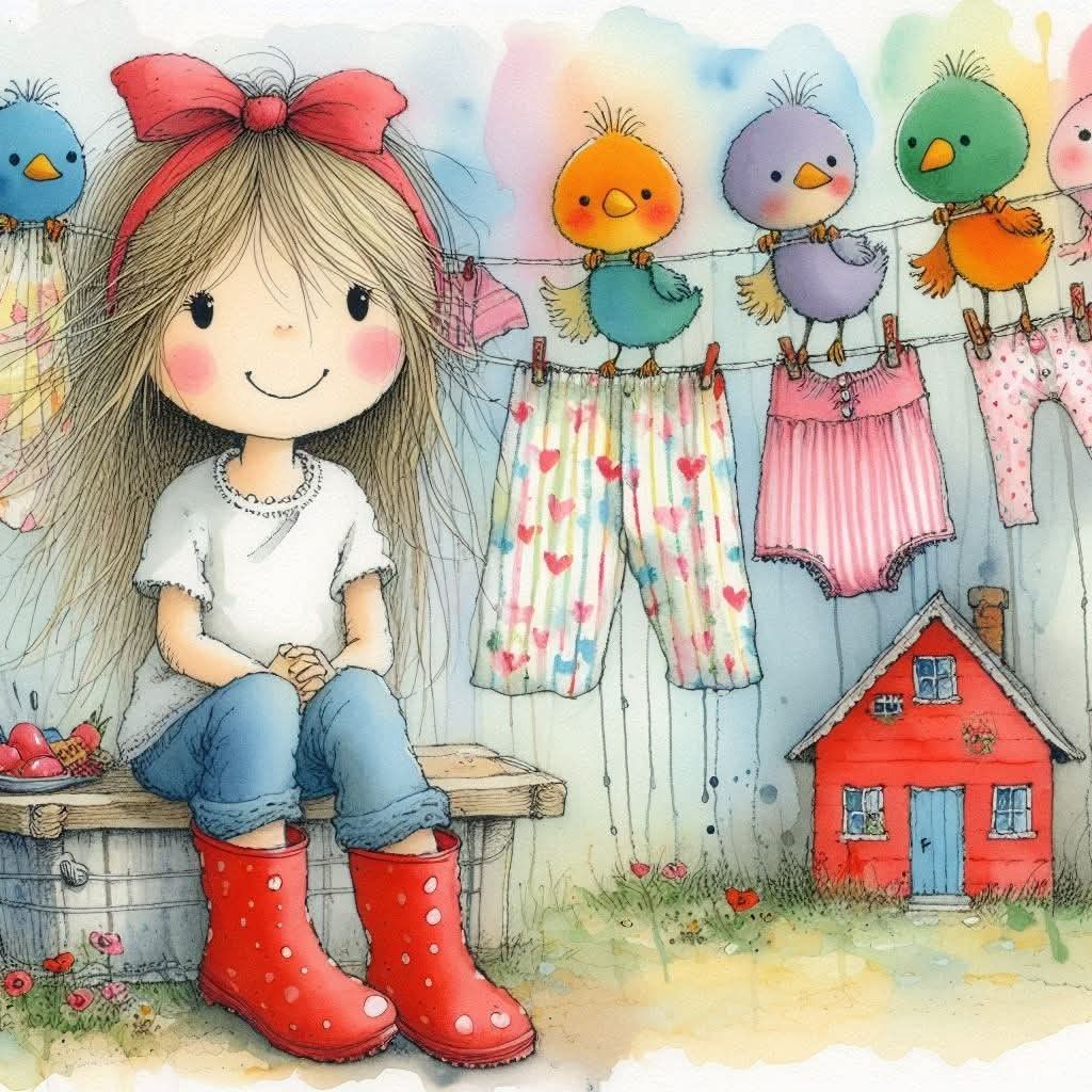 Cartoon girl in red rain boots sitting by colorful birds, laundry line, and a small red house