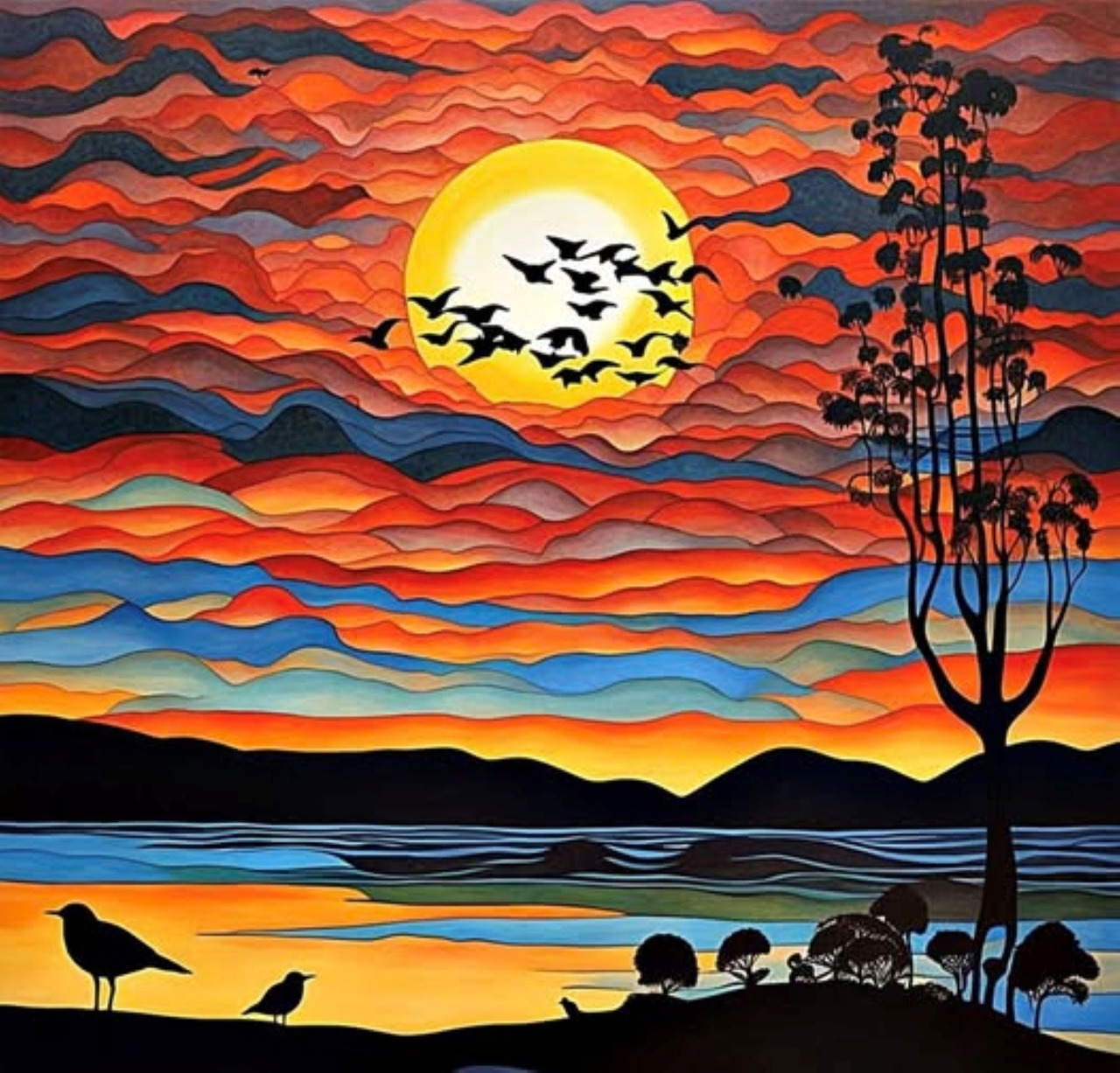 Illustration of birds flying at sunset over water with a tree silhouette and vibrant wavy orange and red sky