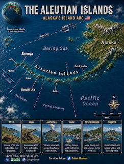 Map showing the Aleutian Islands chain stretching from Alaska across the Bering Sea with labeled islands and photo thumbnails