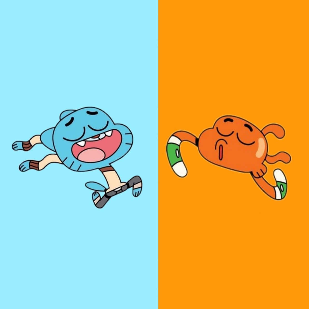 Gumball and Darwin asleep on a blue and orange split background