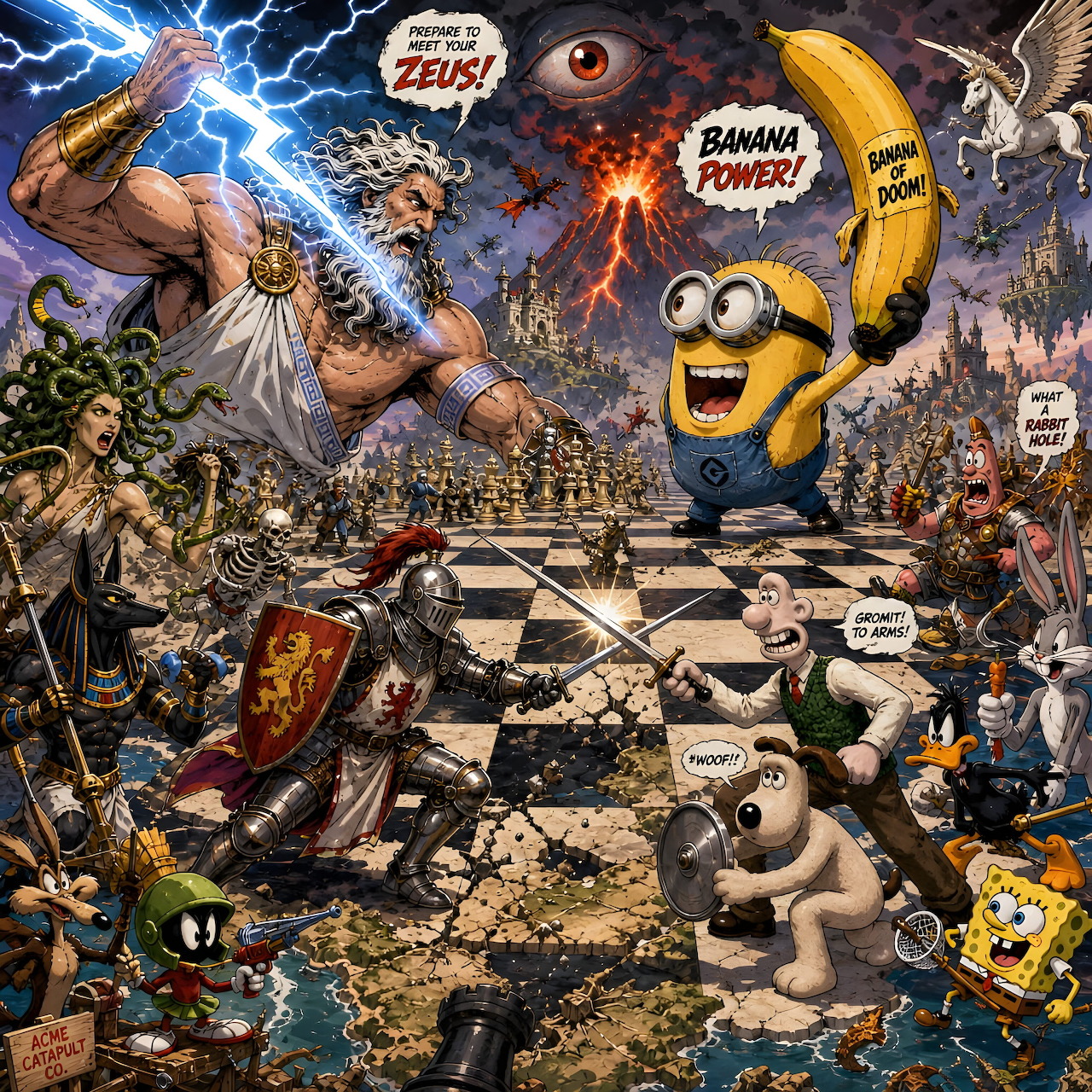 Surreal collage of mythological figures, cartoon characters, and pop culture icons in a dramatic battle scene