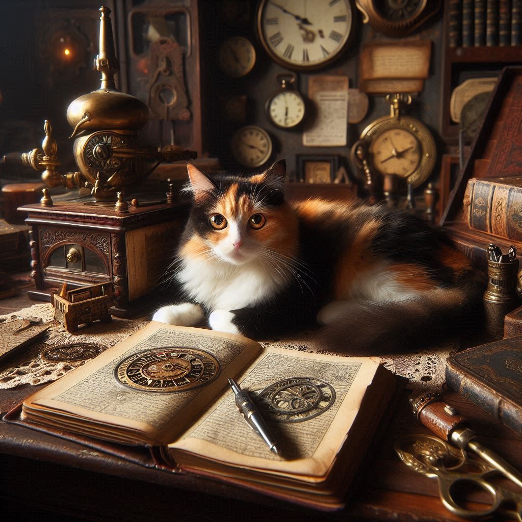 Calico cat lying on wooden desk with open books, clocks, and vintage objects in warm candlelit steampunk scene