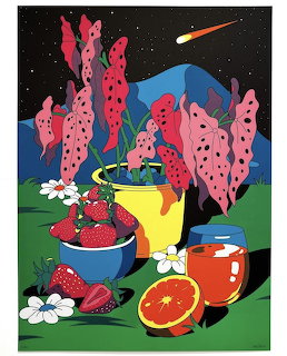 Colorful still life with strawberries, orange slice, flowers, and pink cacti under night sky with shooting star