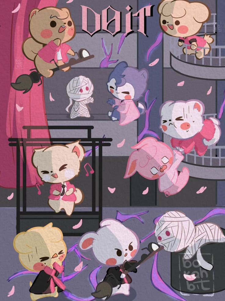 SKZOO cartoon animal characters in Halloween costumes on a dark purple and pink themed background