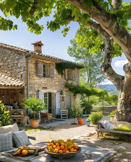 Stone house with terrace, large tree, potted plants and outdoor furniture in garden