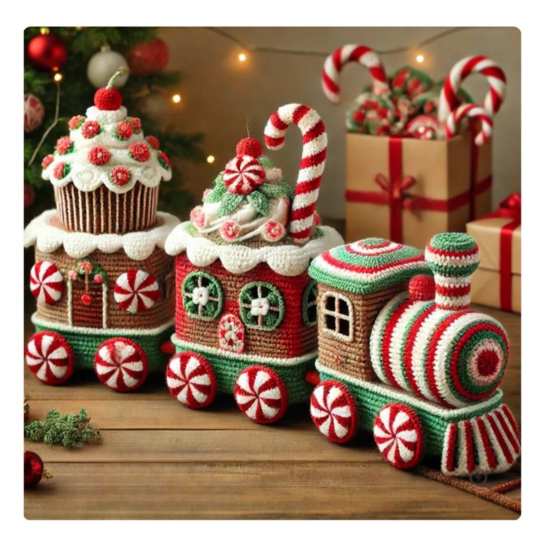 Handmade crochet Christmas train with candy cane smokestack, peppermint wheels, and cupcake cargo surrounded by gifts